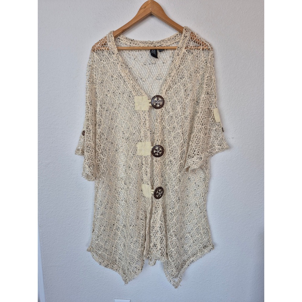M.I.B. Knit Mesh Button Front Sharkbite Hem Cardigan Swim Cover Top Size 4X